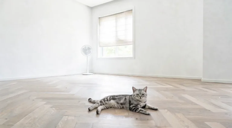 Chat tigré argenté allongé sur le sol frais d'un appartement, près d'un ventilateur discret