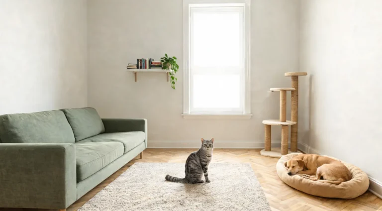 Chat tigré et chien fauve endormi à côté d'un arbre à griffer en sisal dans un salon clair