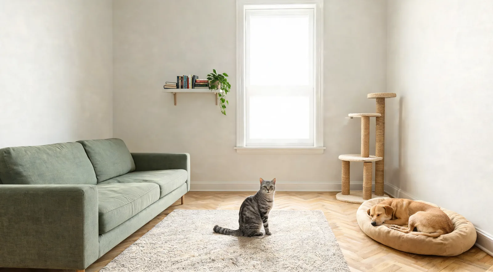 Chat tigré et chien fauve endormi à côté d'un arbre à griffer en sisal dans un salon clair