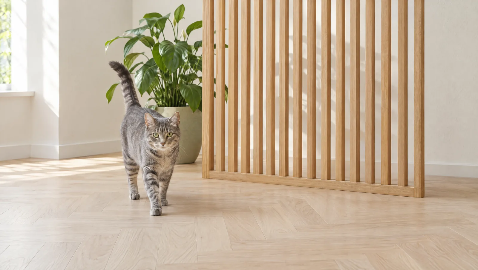 Chat tigré gris passant devant une cloison à lattes de chêne clair dans un salon clair