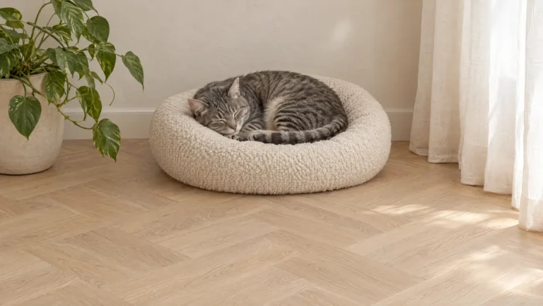 Chat tigré gris endormi dans un couchage rond en bouclette crème, mur clair