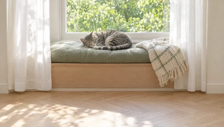 Chat tigré gris endormi sur un coussin vert sauge dans un coin fenêtre clair