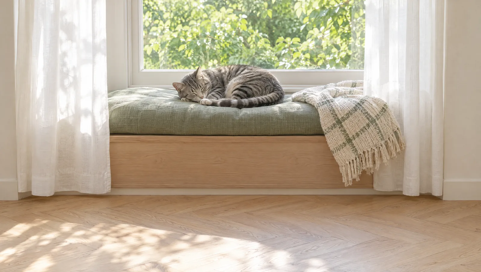 Chat tigré gris endormi sur un coussin vert sauge dans un coin fenêtre clair
