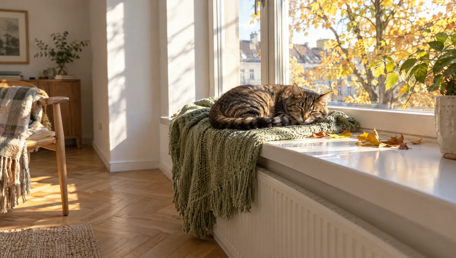 Chat tigré endormi sur le rebord d'une fenêtre dans la lumière dorée d'automne, plaid sauge et feuilles mortes