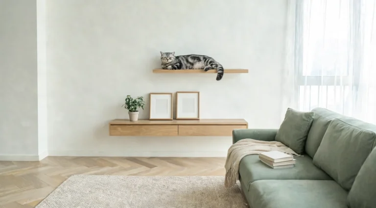 Chat tigré allongé sur une étagère murale au-dessus d'un canapé sauge dans un appartement sobre et lumineux