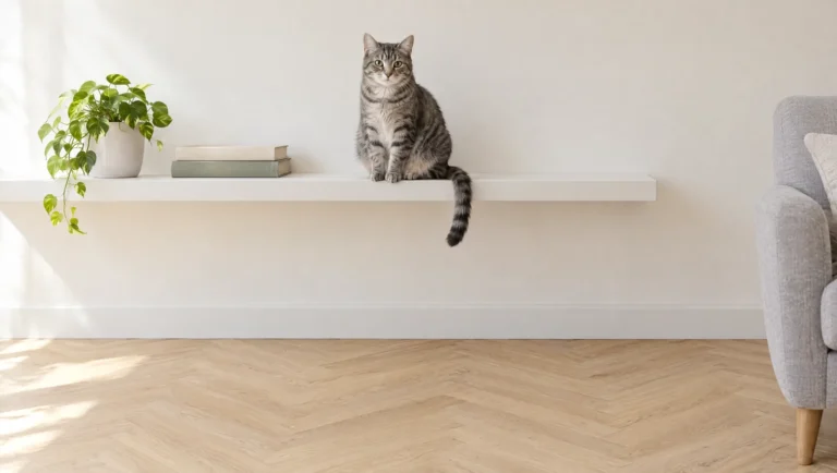 Chat tigré gris assis sur une étagère murale blanche dans une pièce minimaliste claire