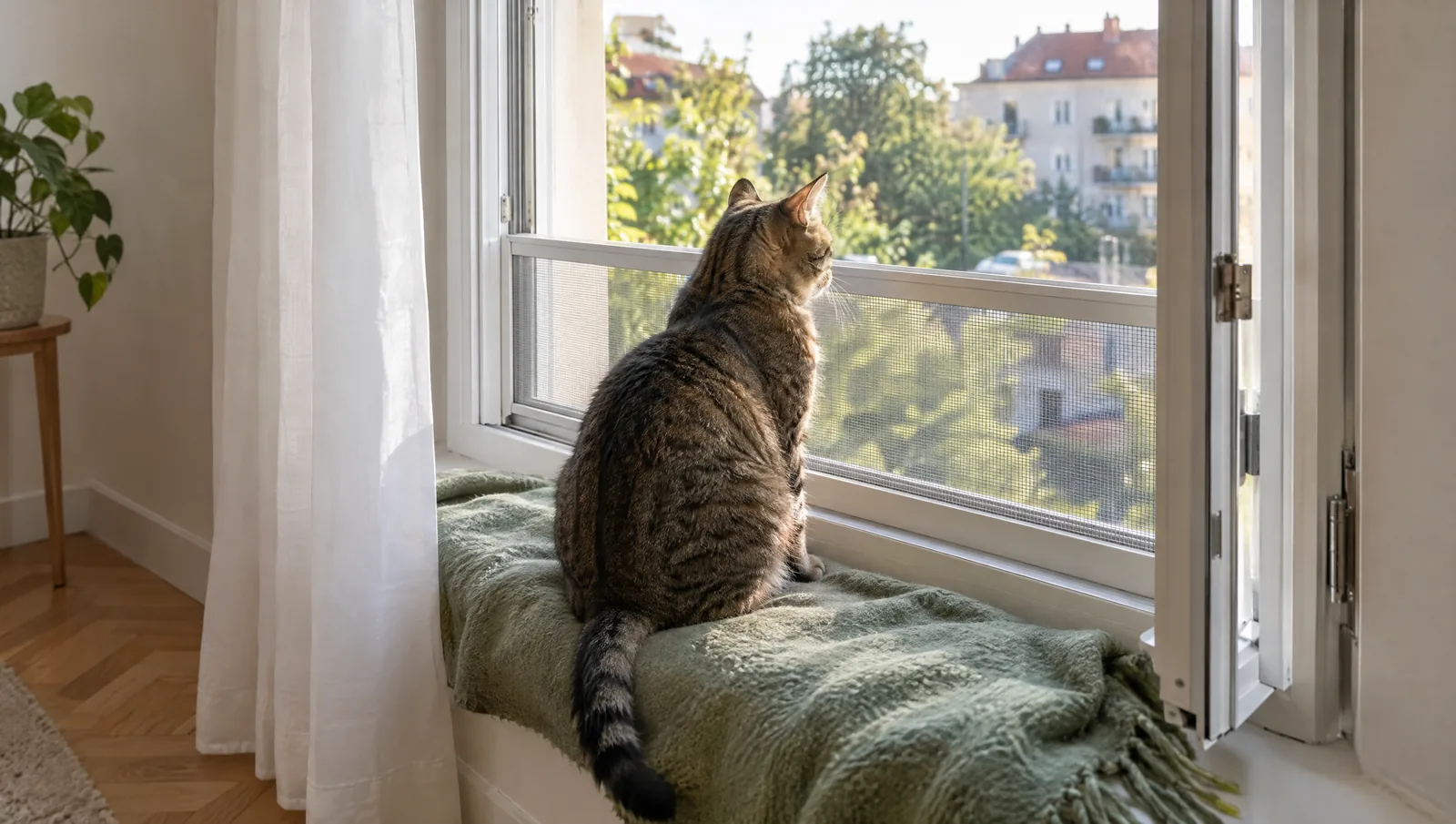 Chat tigré assis sur le rebord d'une fenêtre ouverte équipée d'une moustiquaire fine, appartement clair