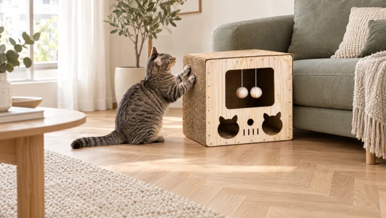 Chat tigré qui griffe un griffoir carton maison en bois clair à deux pompons, posé au pied d'un canapé sauge