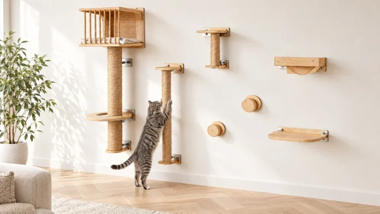 Chat tigré gris qui griffe un poteau en sisal d'un mur à chat modulable en bois clair