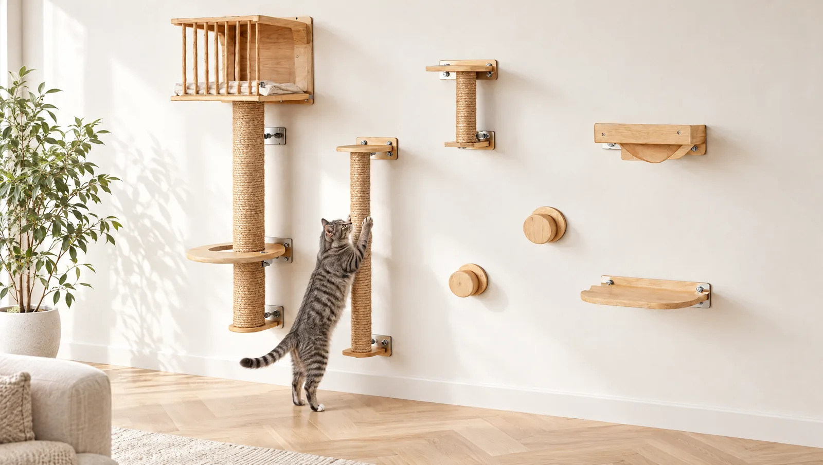 Chat tigré gris qui griffe un poteau en sisal d'un mur à chat modulable en bois clair
