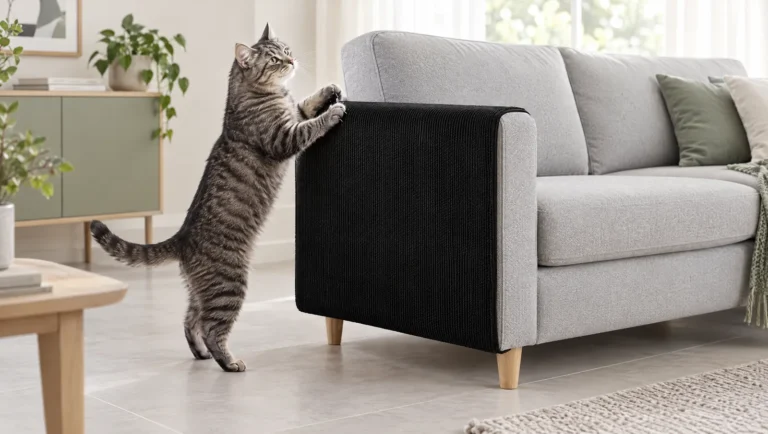 Chat tigré gris dressé sur ses pattes arrière qui griffe la protection anti-griffures noire posée sur l'accoudoir d'un canapé gris clair