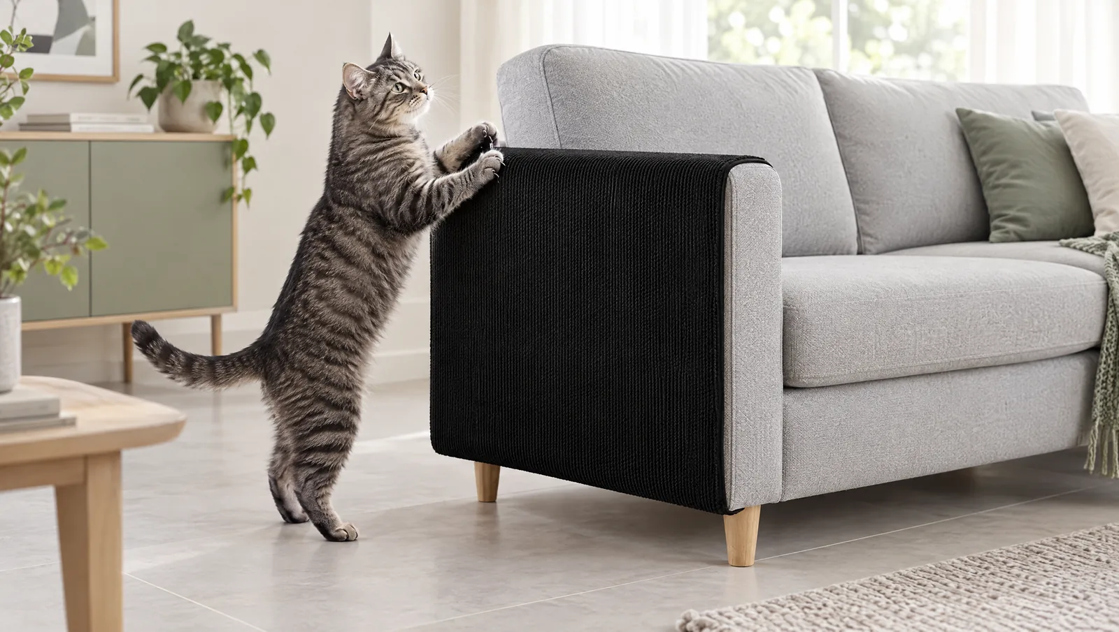 Chat tigré gris dressé sur ses pattes arrière qui griffe la protection anti-griffures noire posée sur l'accoudoir d'un canapé gris clair