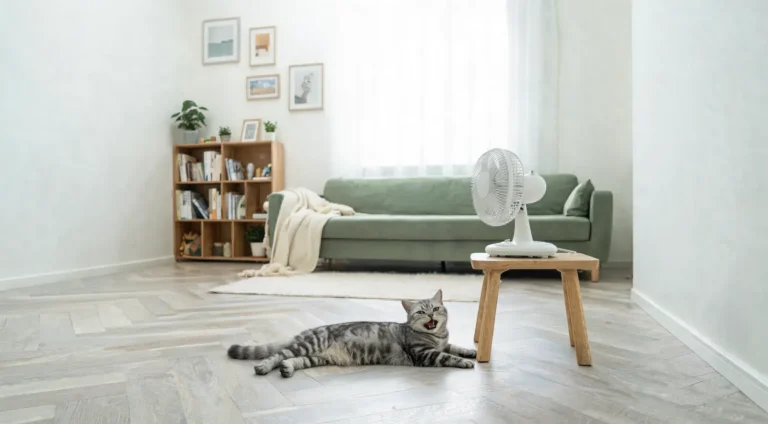 Chat tigré allongé la gueule ouverte à côté d'un ventilateur blanc dans un salon chaud