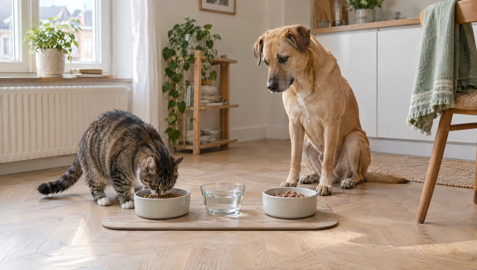 Un chat tigré mange dans sa gamelle pendant qu'un chien fauve attend patiemment à côté de la sienne, cuisine d'appartement claire