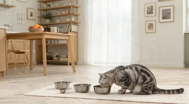 Chat tigré qui mange dans une gamelle en inox, à côté de deux autres gamelles et d'une mesure, sur un tapis dans une cuisine