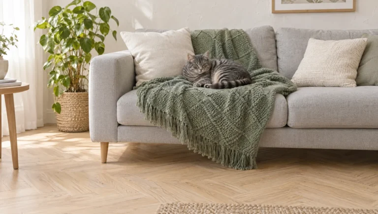 Chat tigré gris couché sur un plaid vert sauge posé sur un canapé gris clair