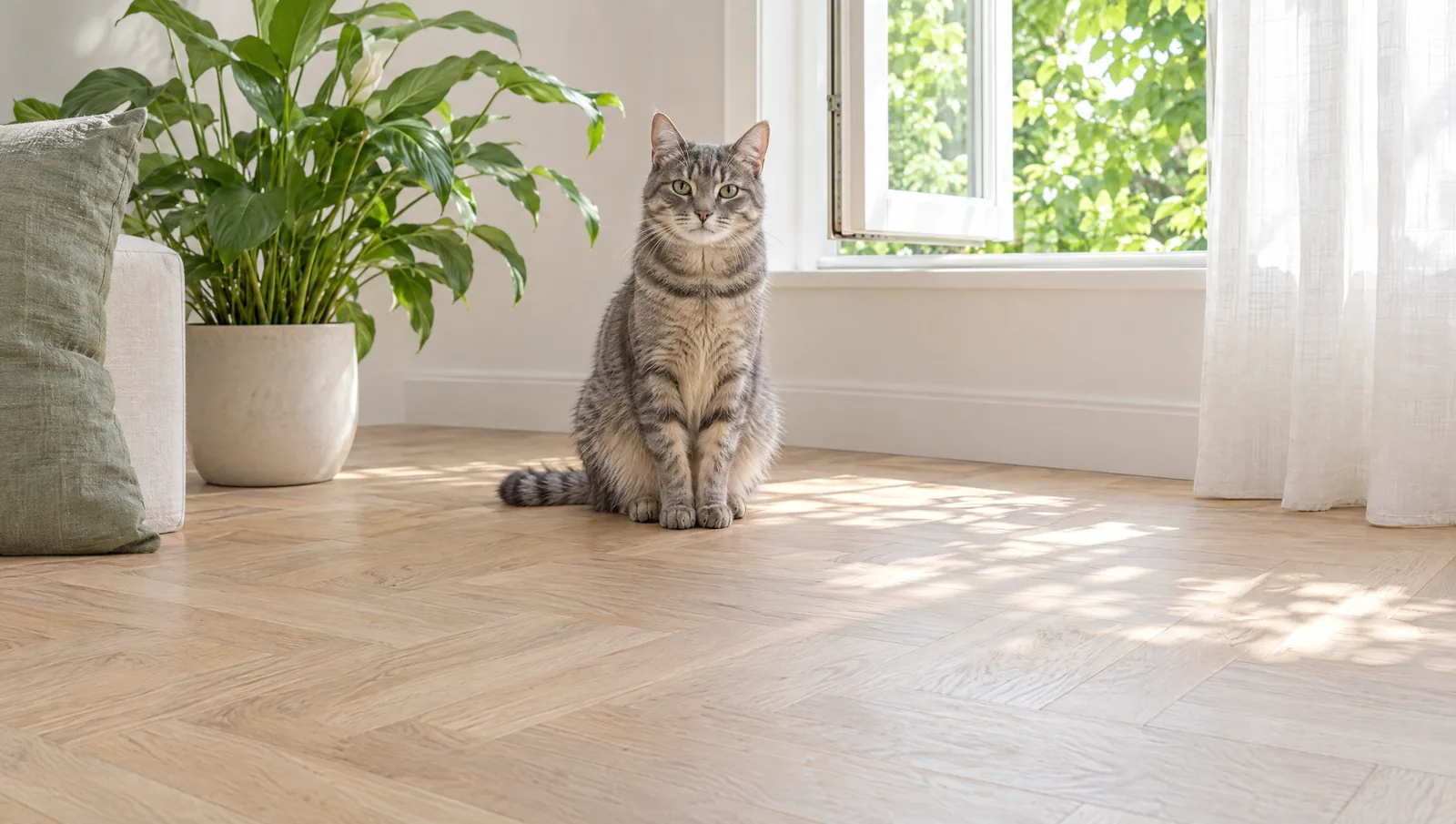Chat tigré gris assis dans un salon clair près d'une fenêtre ouverte, air frais