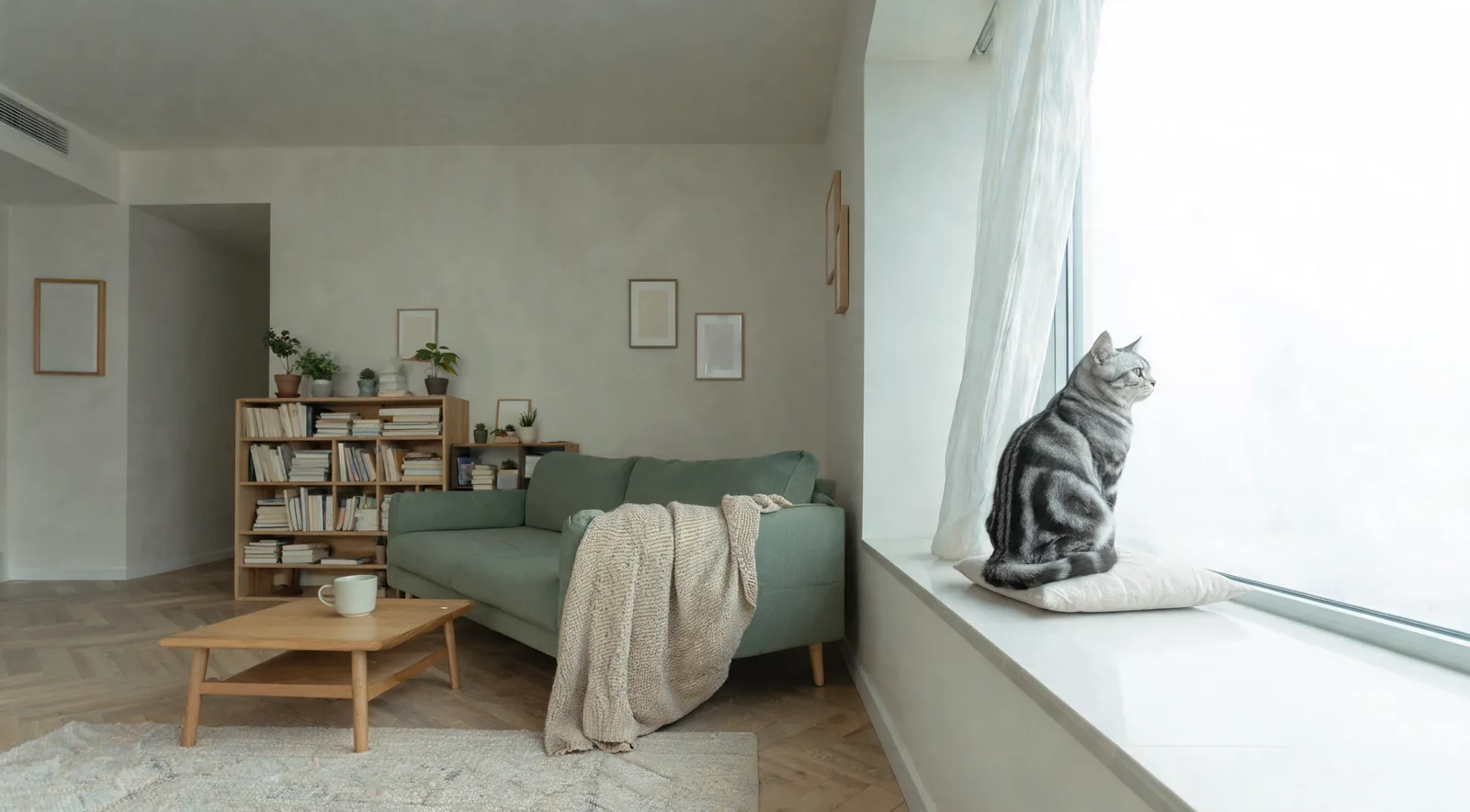 Chat tigré seul sur un coussin de rebord de fenêtre dans un salon calme et lumineux