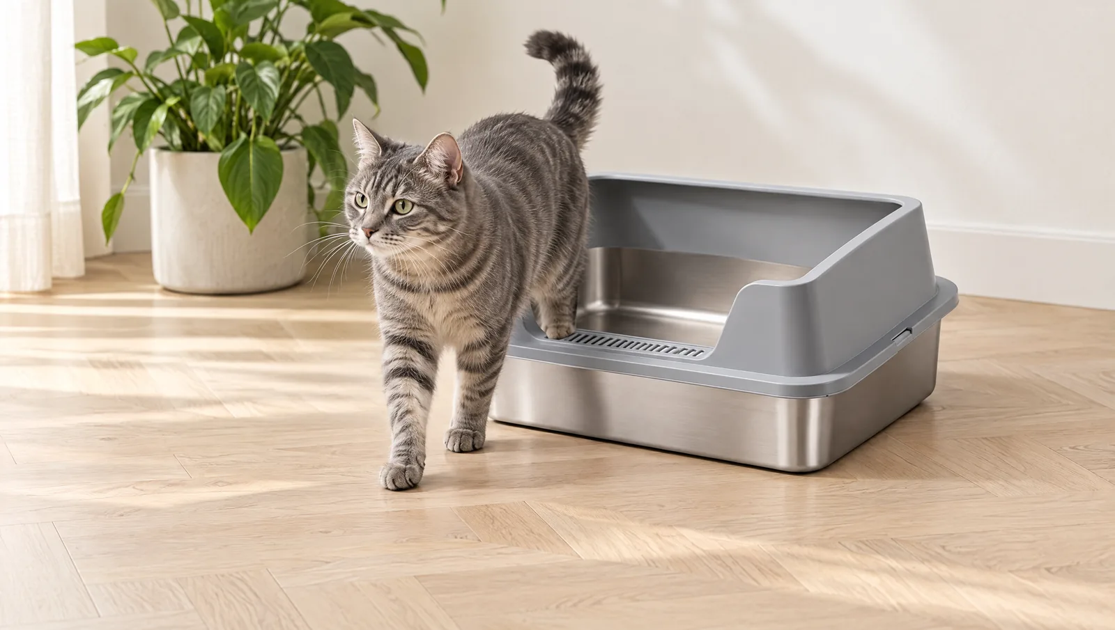 Chat tigré gris sortant d'un bac à litière en inox sur un sol clair propre
