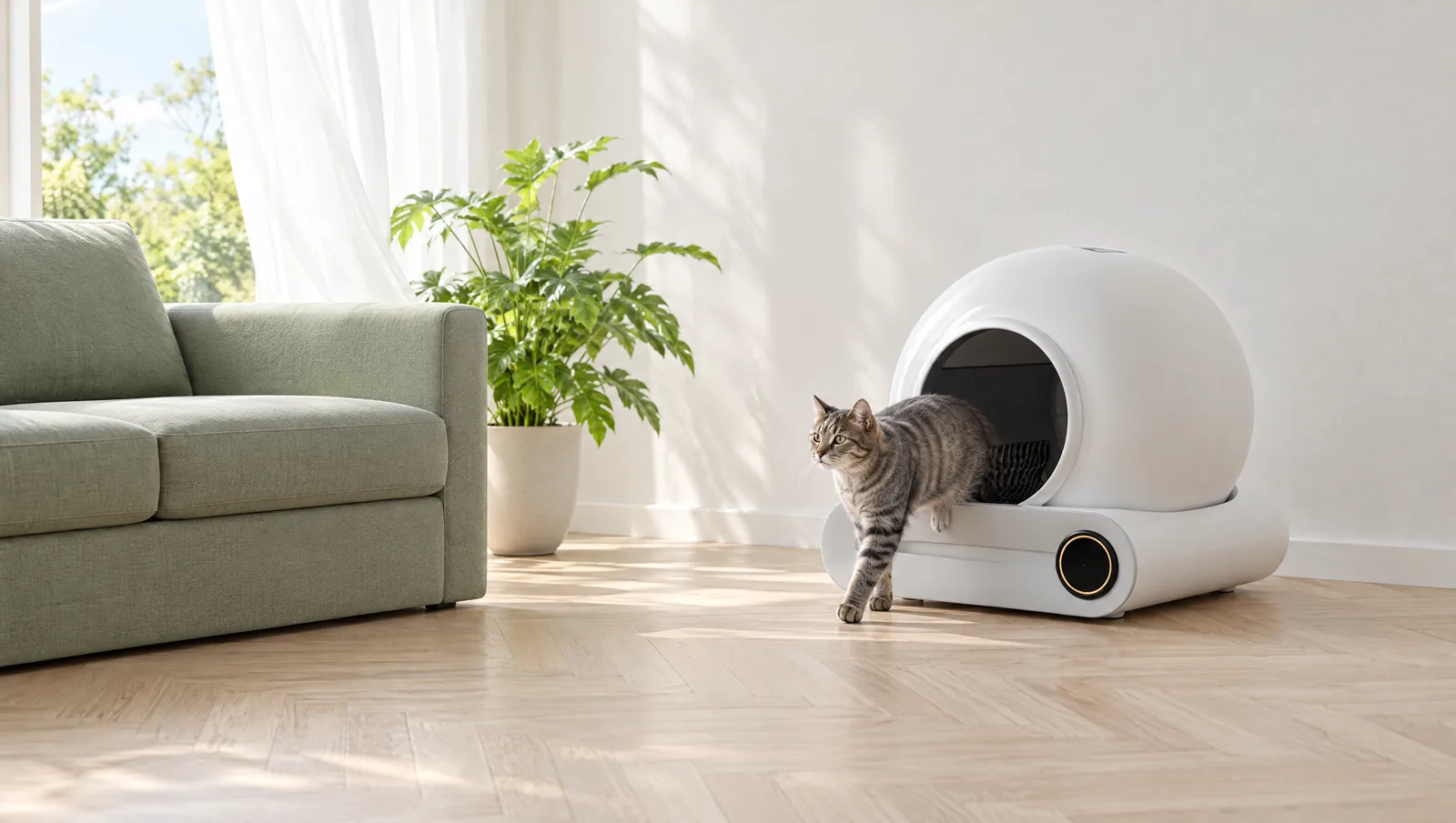 Chat tigré gris sortant d'une litière autonettoyante blanche dans un salon clair, fenêtre ouverte