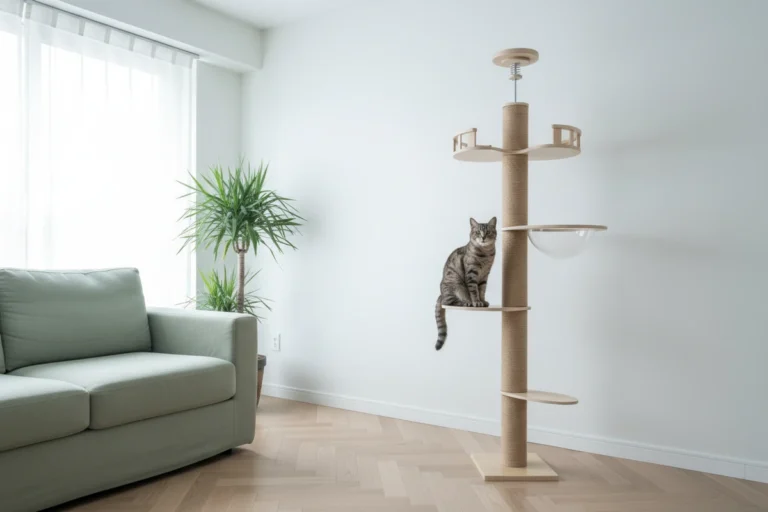 Chat tigré assis sur un plateau d'un arbre à chat sisal tendu sol-plafond avec bulle transparente, près d'un canapé vert sauge