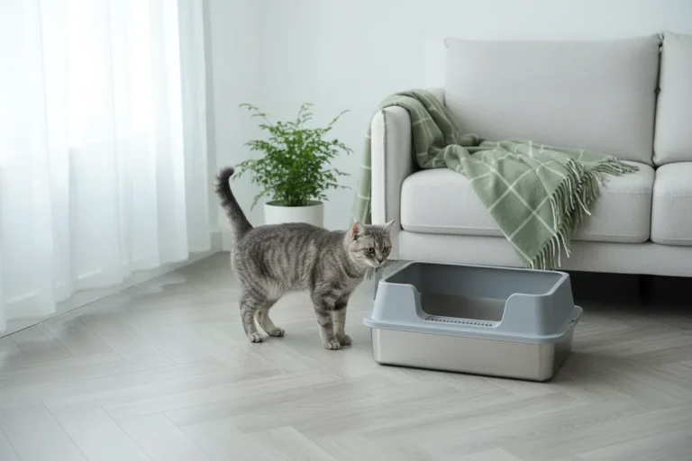 Chat tigré gris près d'un bac à litière en inox avec rehausse grise à grille, devant un canapé clair et un plaid sauge