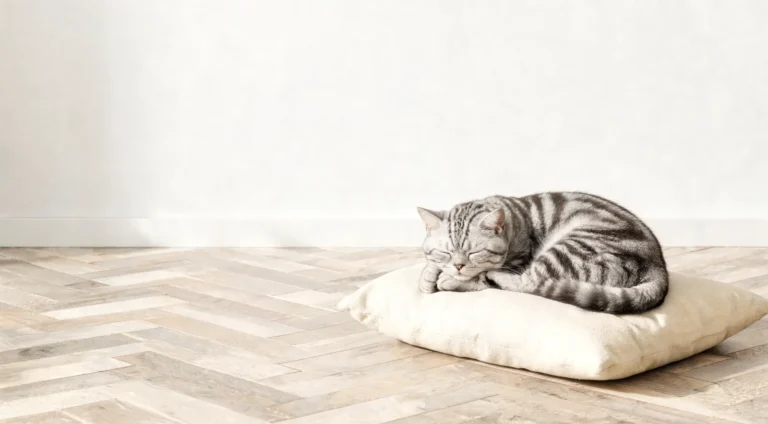 Chat tigré gris endormi, roulé en boule sur un coussin crème posé sur un parquet clair