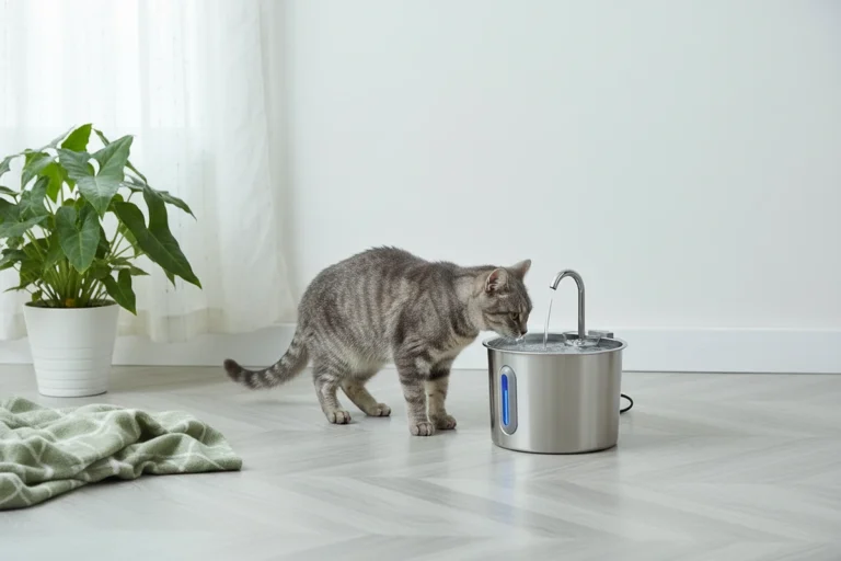 Chat tigré gris qui boit à une fontaine à eau en inox avec bec en arche et fenêtre de niveau bleue, dans un salon clair au sol en chevrons gris