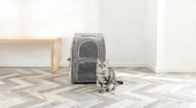 Chat tigré près d'un sac de transport gris posé dans l'entrée d'un appartement