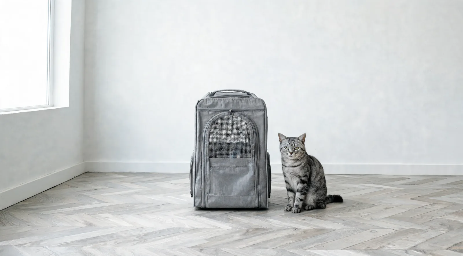 Chat tigré à côté d'un sac de transport souple gris dans un salon lumineux