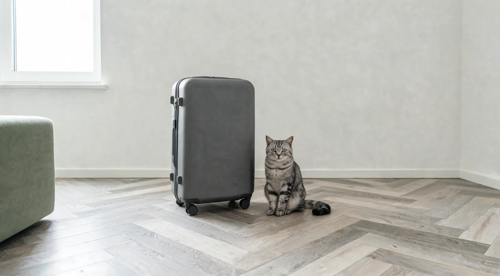 Chat tigré près d'une valise grise rigide dans un salon, préparatifs de départ en vacances