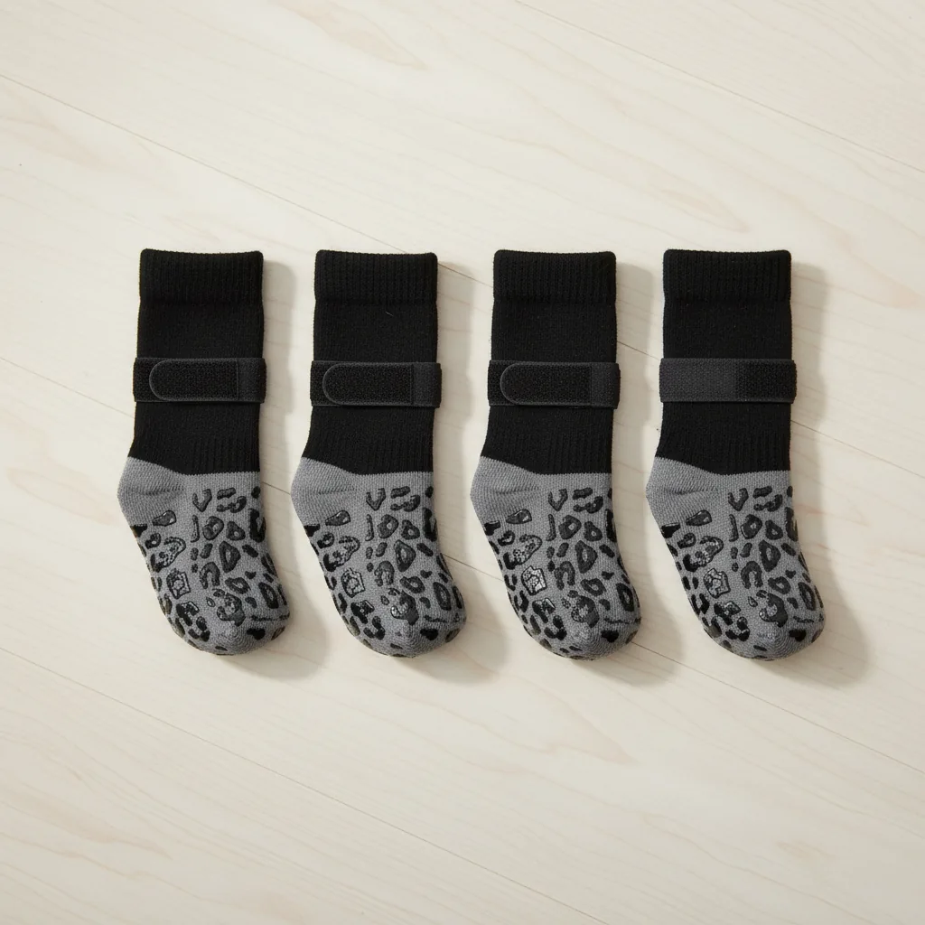Quatre chaussettes pour chien noires à semelle grise motif léopard et sangle à scratch, posées à plat
