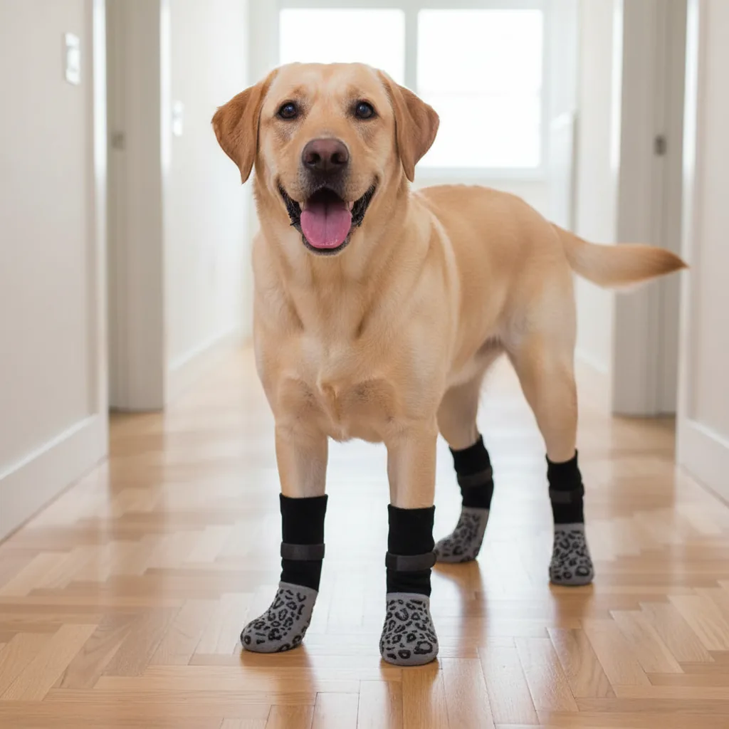 Labrador qui marche dans un couloir avec des chaussettes noires à sangle sur ses quatre pattes