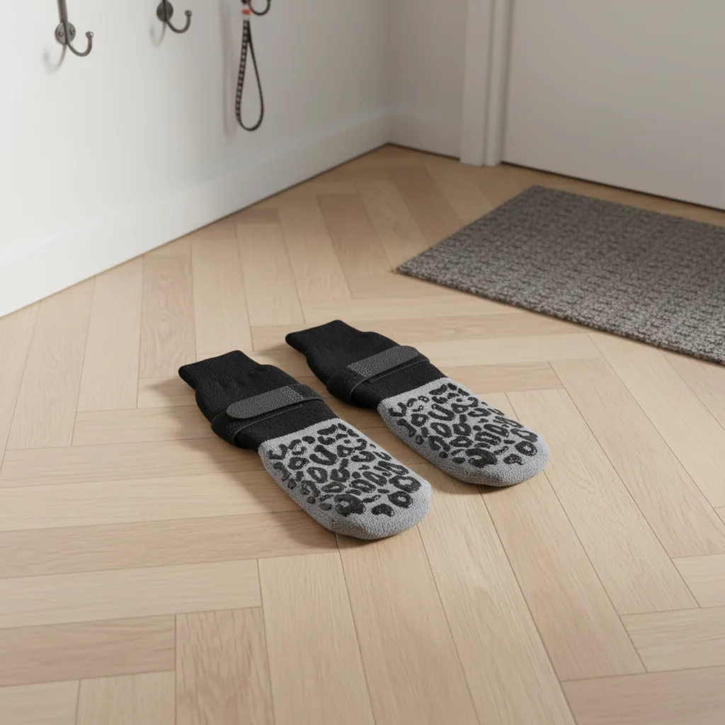 Paire de chaussettes pour chien noires à semelle grise, dans un hall en parquet près des crochets et de la laisse