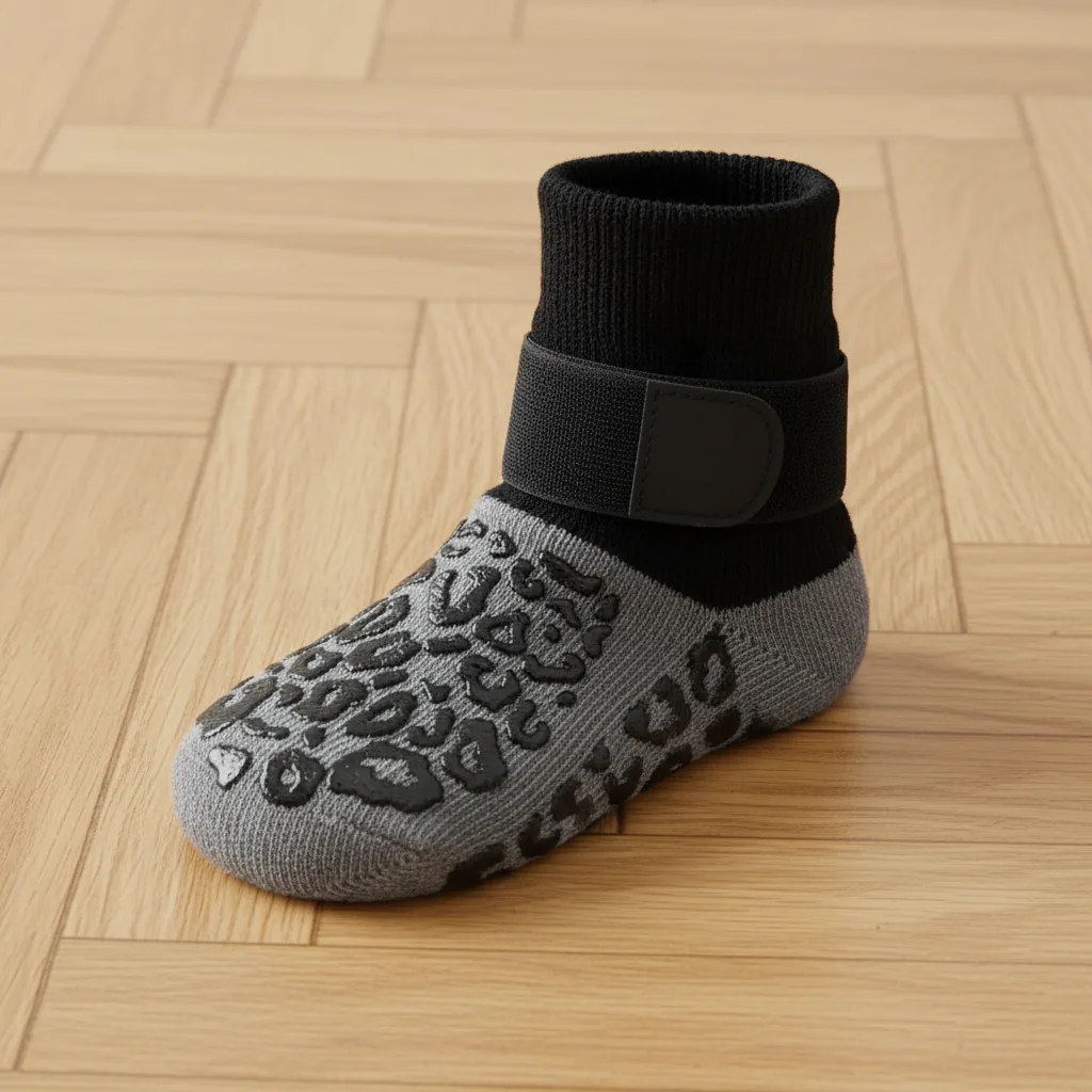 Une chaussette pour chien noire à semelle grise, avec sa sangle velcro large, vue de trois quarts