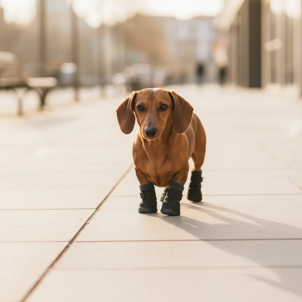 Teckel roux marchant sur un trottoir avec des chaussettes de protection noires aux pattes.
