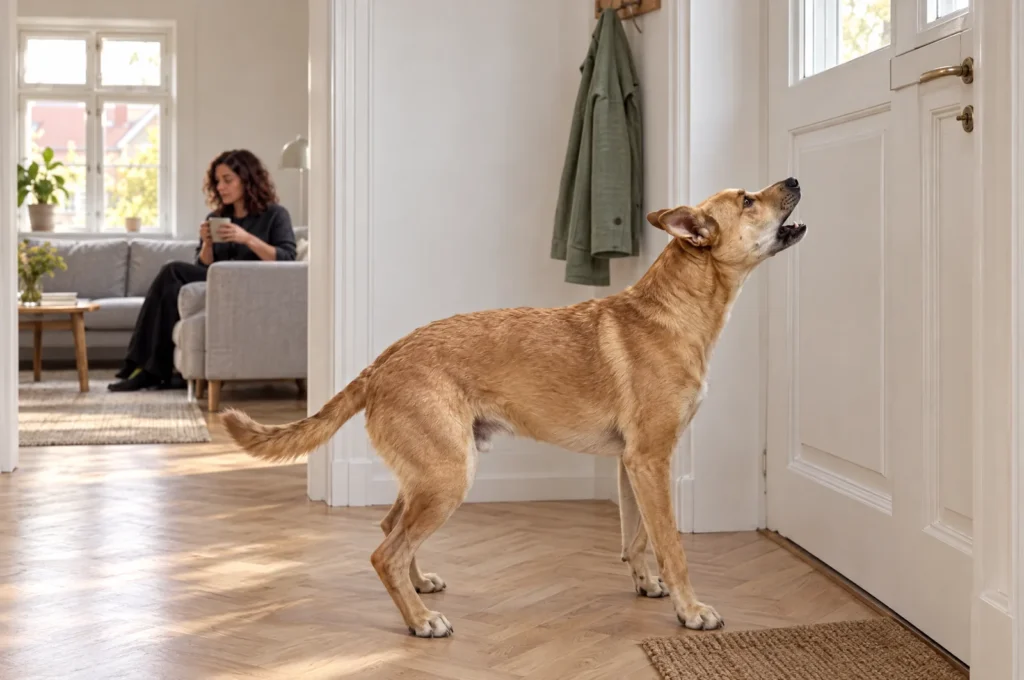 Chien fauve aboyant devant la porte d'entrée d'un appartement clair, sa propriétaire assise tranquillement sur le canapé au fond