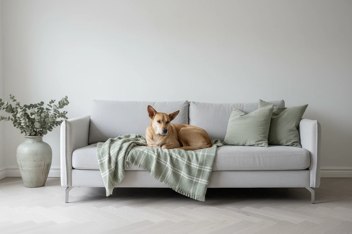 Chien fauve allongé sur un canapé gris clair avec plaid et coussins sauge, vase d'eucalyptus