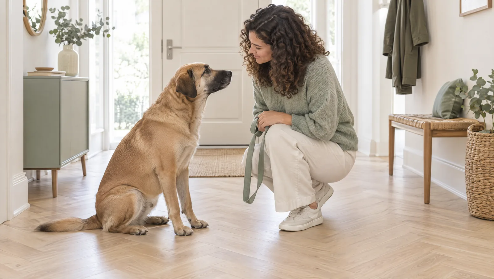 Femme accroupie avec une laisse sauge face à son chien fauve assis, dans une entrée claire