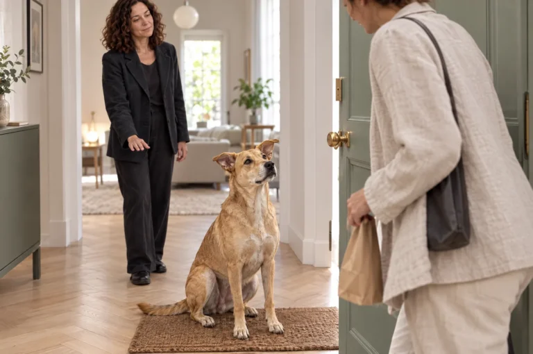 Chien fauve assis sur le paillasson à l'entrée pendant qu'un visiteur franchit la porte de l'appartement