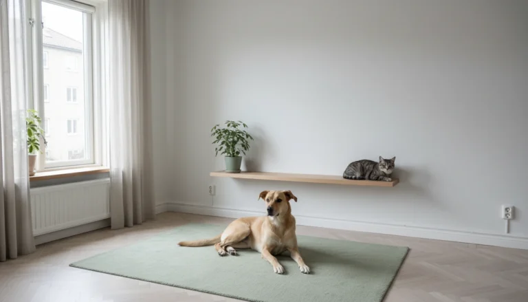 Chien fauve couché sur un tapis vert sauge et chat tigré sur une étagère murale dans un salon clair aux murs blancs