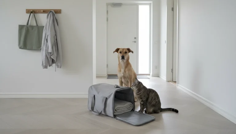 Chien fauve assis et chat tigré près d'un sac de transport gris ouvert dans l'entrée d'un appartement clair
