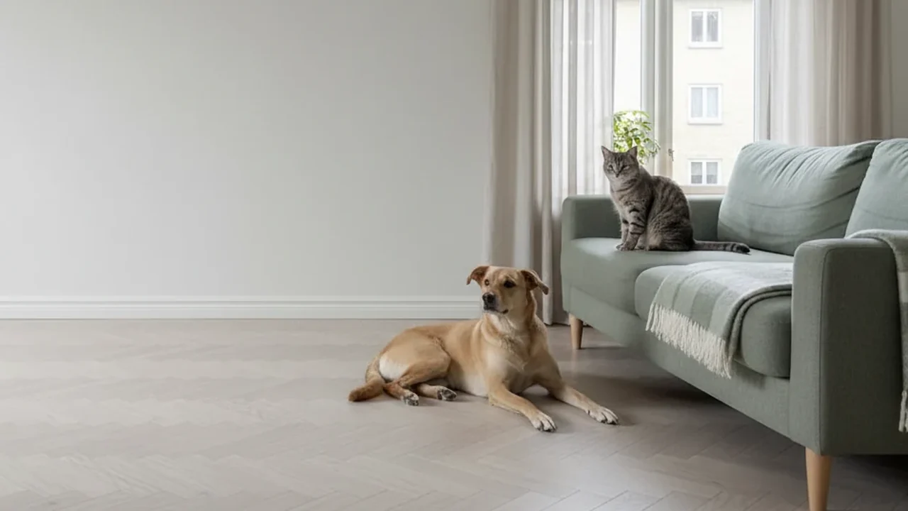 Salon lumineux avec un chien couché au sol et un chat sur l'accoudoir du canapé