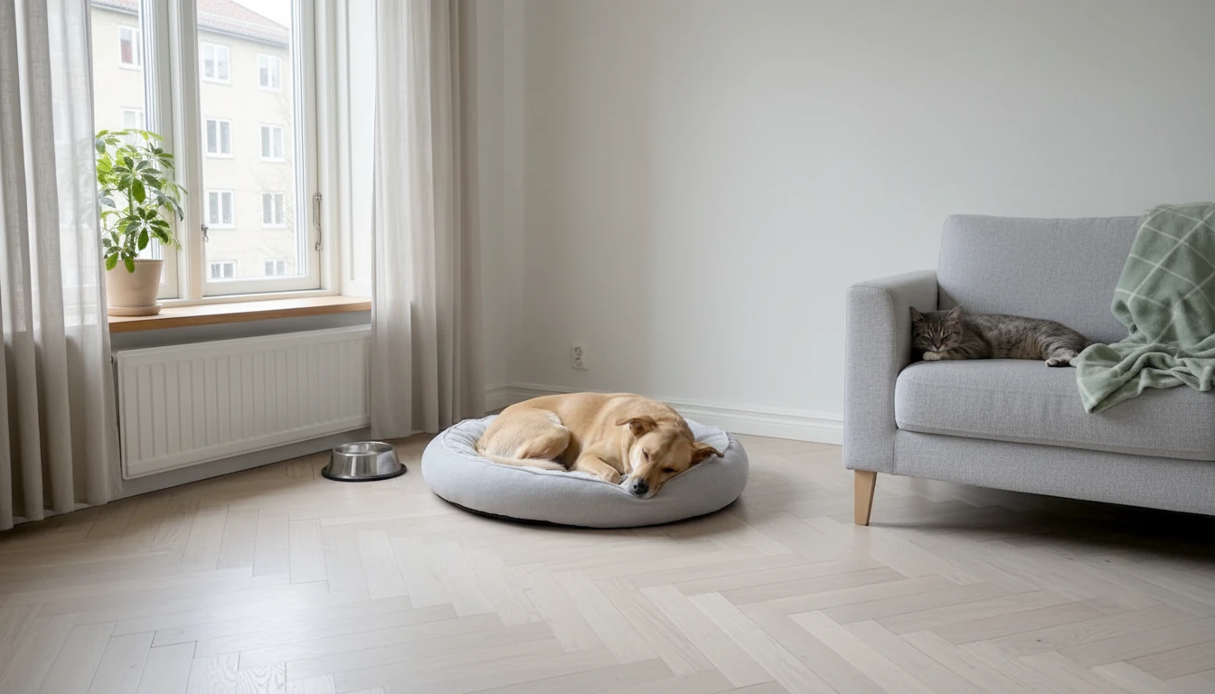 Chien fauve endormi sur un coussin gris et chat tigré allongé sur un canapé gris avec plaid sauge, gamelle en inox près de la fenêtre