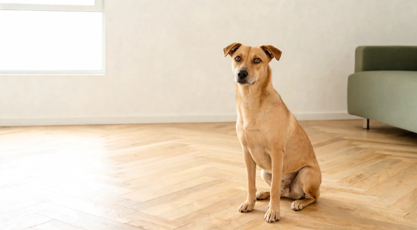 Chien fauve sans collier assis dans un salon lumineux, la tête tournée, moitié gauche de la pièce dégagée