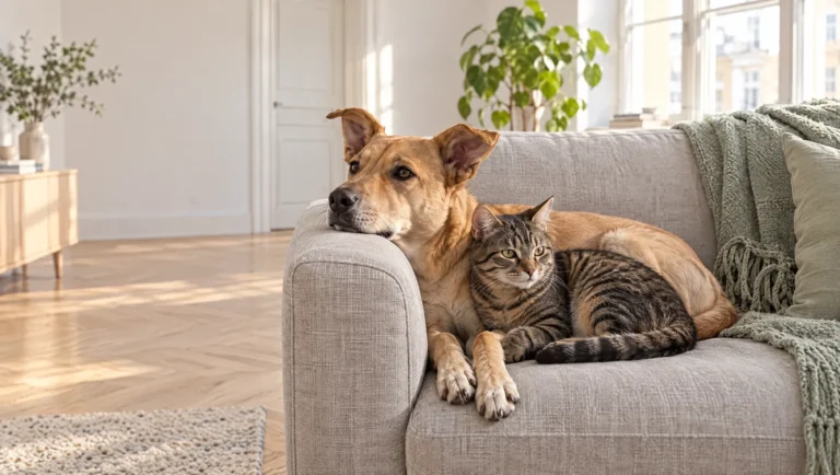 Chien fauve et chat tigré allongés côte à côte sur un canapé gris clair dans un salon lumineux