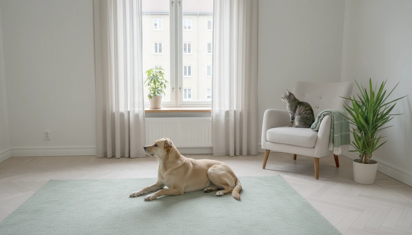 Chien couché sur un tapis vert sauge regardant par la fenêtre et chat tigré installé sur un fauteuil dans un salon lumineux