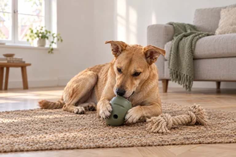 Chien fauve allongé sur un tapis tressé, pattes sur un jouet distributeur de friandises, corde à côté