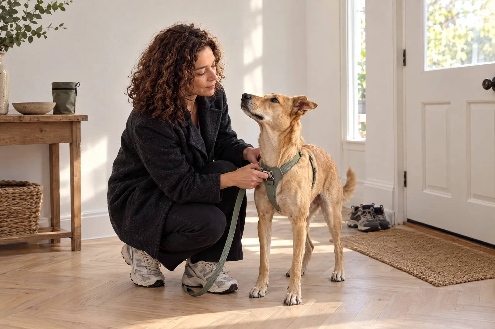 Femme accroupie qui attache la laisse au harnais de son chien dans l'entrée d'un appartement