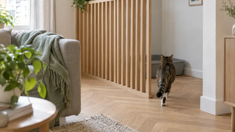 Demi-cloison à lattes de chêne clair qui cache discrètement le coin litière d'un salon, chat tigré qui s'y dirige